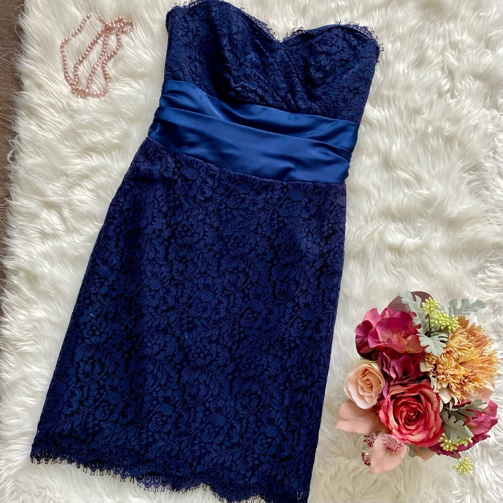 [mackenzie michaels] navy lace strapless dress